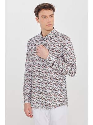 Altınyıldız Classics Erkek Bej-Yeşil %100 Pamuk Slim Fit Dar Kesim Düğmeli Yaka Baskılı Gömlek
