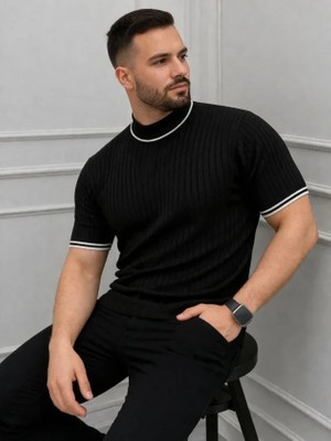 Lunelis Erkek Fitilli Triko Dokuma Kısa Kol Tişört Yarım Boğaz Modern Yazlık T-Shirt - Siyah