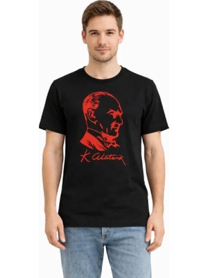 Çamaşır Kenti Erkek Atatürk Baskılı Tişört Kısa Kollu Bisiklet Yaka T-Shirt - Siyah