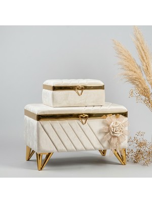 Ceyyiz Krem Kadife V Modeli Nişan Sandığı Seti 2'li - Gold Metal Ayaklı Lüks Çeyiz Sandığı