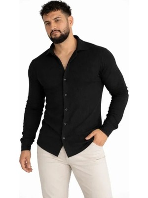 Uslucan Alışveriş Erkek Waffle Kumaş Uzun Kollu Düğmeli Açık Yaka Regular Fit Gömlek - Siyah