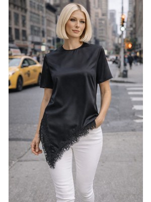 İbeeka Yeni Sezon Saten Dantel Detay Asimetrik Bluz Damla Kapamalı Siyah Renk - Siyah - S