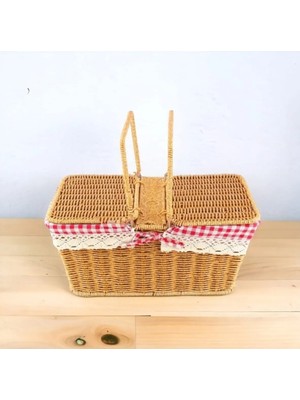 PremiumPort Renkli Sentetik Hasır Dikdörtgen Piknik Sepeti, Şık ve Kullanışlı