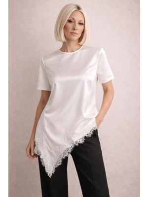 İbeeka Yeni Sezon Saten Dantel Detay Asimetrik Bluz Damla Kapamalı Ekru Renk - Ekru - S