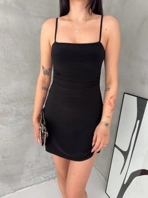 Modatıkla Askılı Şifon Mini Elbise Drapeli Bel Vücuda Oturan Yazlık Şık - Siyah