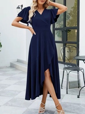 Modatıkla Kadın Kısa Kollu Kruvaze Yakalı Ön Asimetrik Volanlı Uzun Ithal Krep Elbise