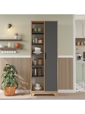 Yurupa Libra Raflı Çok Amaçlı Dolap Tek Kapaklı Kiler ve Mutfak Dolabı Atlantik Çam-Antrasit Lıb2-Aa