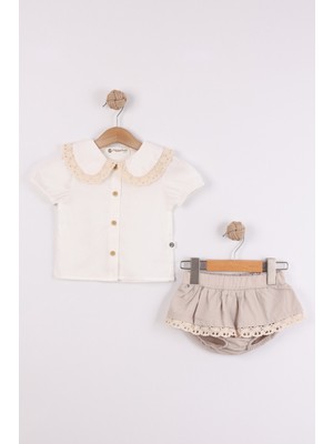 Joy Kids Kız Bebek %100 Ham Keten Dantel Detaylı Takım (6-24AY) (Ekru)