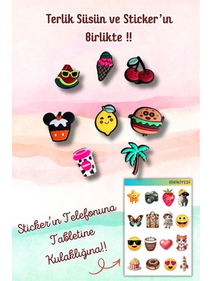 Birikiyedi Jibbitz Terlik Süsü 8'li Set Delikli Terliklerle Uyumlu/hamburger,dondurma,kahve