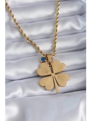 Pileli Store 316L Çelik Gold Renk Burgu Model Işlemeli Yonca Figür Nazar Boncuk Detay Kadın Kolye