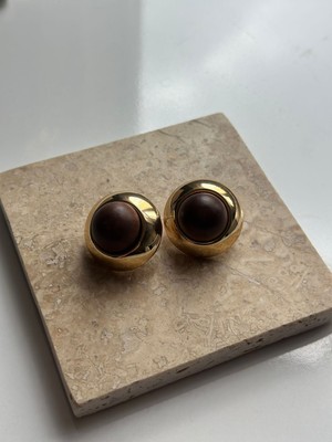 Luckyb Store Mat Ahşap Detaylı Gold Düğme Küpe