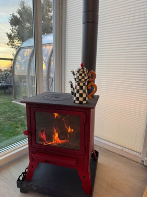 Kaan Kuzine Dekoratif Kırmızı Mini Şömine Soba | Camlı Odun Kömür Sobası |