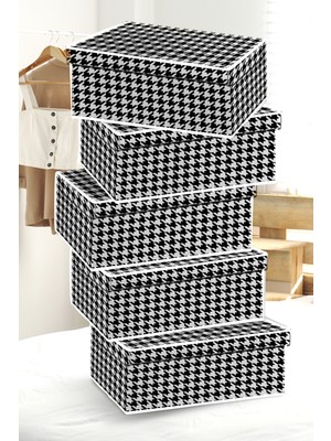 PremiumPort 5'li Kaz Ayağı Desenli Kapaklı Baza Boy Kutu Hurç 50X40X19