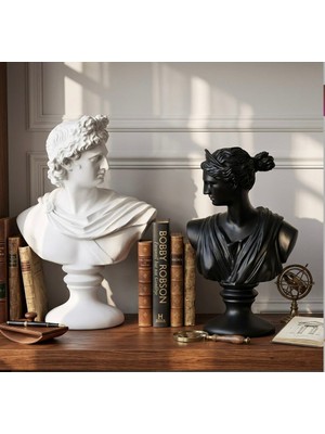Mirsa Global Dekoratif Apollo Diana Büst Biblo – Antik Yunan Heykel Tarzı, Biblo Siyah Beyaz Lüks Salon Konsol Süs Objesi ( Polyester)
