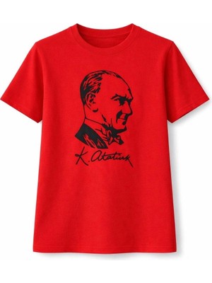 Alfanora Kız Çocuk Atatürk Baskılı Tişört Kısa Kollu Bisiklet Yaka T-Shirt - Kırmızı