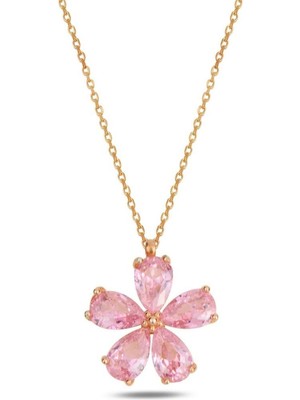 PremiumPort 925 Ayar Gold Zirkon Pembe Taşlı Yasemin Çiçeği Kolye