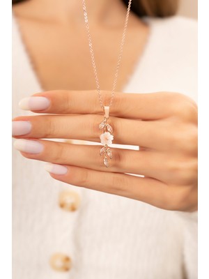 PremiumPort Beyaz Taşlı Uzun Model Kadın Kolye, 14K Rose Gold Kaplama