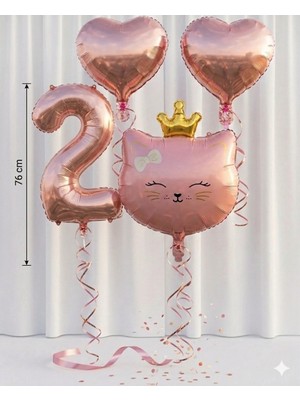 Çavuş E-Ticaret 2 Yaş Rakam Folyo Doğum Günü Seti Kedi Kafa ve Kalp Folyo Balon Set