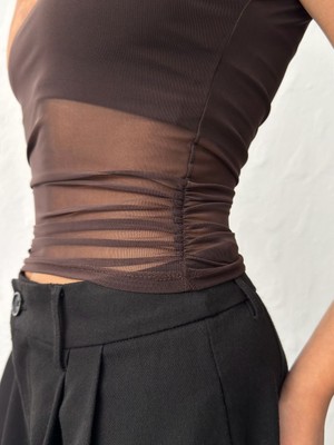 Jeevee Kadın Kahverengi Kayık Yaka Tül Bluz Bolero Iç Detaylı