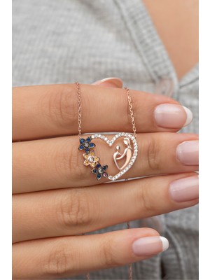 PremiumPort 925 Ayar Gümüş Çiçek Detaylı Anne Bebek Kolye