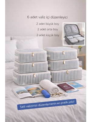 PremiumPort 6 Parça Çizgili Seyahat Organizer Seti, Hafif ve Pratik Bavul Düzeni