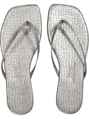 Tkees TK1016 Kadın Crocodile Koyu Gold Kare Gümüş Günlük Şık Terlik