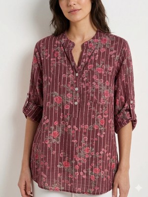 Della Moor Bordo Kadın Italyan Çizgi ve Çiçek Desenli Fakir Kol Düğmeli Hakim Yaka Bluz 40 - 44 Beden