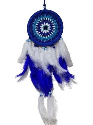 Akinco Nazar Boncuğu Desenli Bol Kuş Tüylü Lacivert Dream Catcher El Yapımı Duvar Dekoru