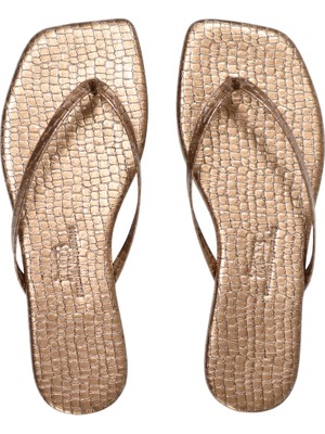 Tkees TK1016 Kadın Crocodile Koyu Gold Kare Burun Günlük Şık Terlik