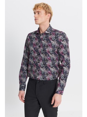 Altınyıldız Classics Erkek SIYAH KIRMIZI %100 Pamuk Slim Fit Dar Kesim Büyük İtalyan Yaka Baskılı Gömlek