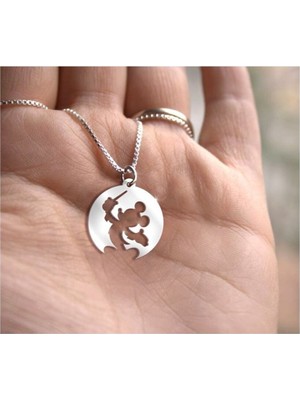 PremiumPort Yuvarlak Mickey Mouse Gümüş Unisex Kolye, Şık ve Zarif Takı Hediye