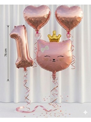 Çavuş E-Ticaret 1 Yaş Rakam Folyo Doğum Günü Seti Kedi Kafa ve Kalp Folyo Balon Set