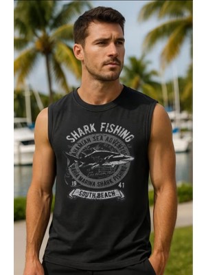 Punix Punıx Büyük Beden Özel Tasarım Shark Fıshıng  Baskılı Yeni Sezon Yazlık Kolsuz Erkek Battal T-Shırt