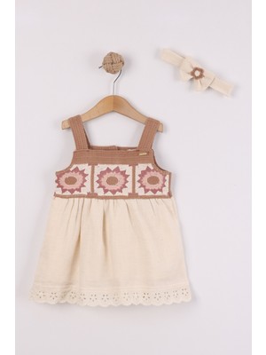 Joy Kids Kız Bebek Etnik Desenli Askılı Keten Elbise (6-24AY) (Bej-Kahve)