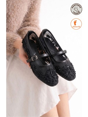 Albishoes Kadın Inci Taş Işlemeli Tül Dokulu Bantlı Babet  Yumuşak Rahat Anatomik Taban Kadın Babet