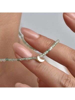 Nox Jewelry 14 Ayar Altın Kaplama Doğal Yeşil Florit Taşlı Ay Detaylı Gümüş Kolye - NGS00127