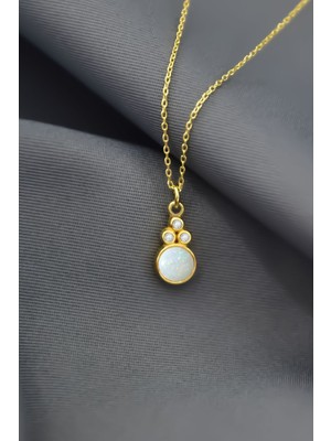 PremiumPort 925 Ayar Gümüş Beyaz Opal Taşlı Yuvarlak Kolye