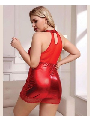 Intive Lingerie Intive Fantasy Kırmızı Parlak Kumaşlı Derin Dekolteli File Detaylı Fantezi Gecelik