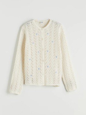 LC Waikiki Lcw Kids Ekru Bisiklet Yaka Kız Çocuk Nakışlı Triko Hırka