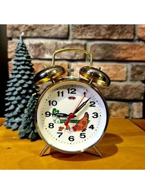 Exonix Altın Renkli Metal Horozlu Kurmalı Nostaljik Çalar Saat