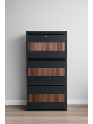 Arinna 3'lü Kilitli Antrasit Ahşap Desenli Metal Ayakkabılık