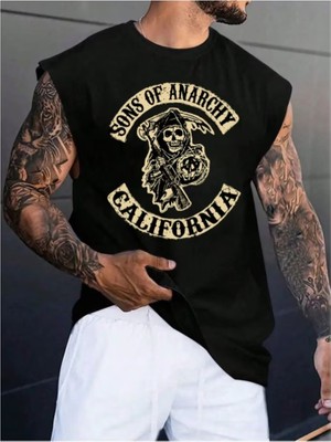 Punix Punıx Büyük Beden Özel Tasarım Sons Of Anarchy Baskılı Kolsuz Erkek Yeni Sezon Battal  T-Shırt