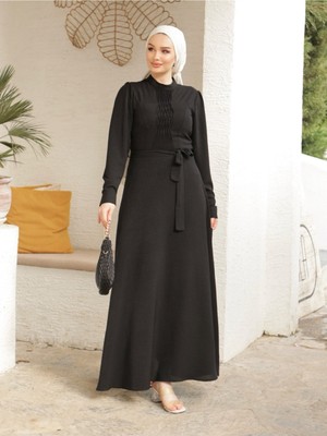 Moda Morfo Çıma Detaylı Kemerli Ayrobin Elbise  -Siyah