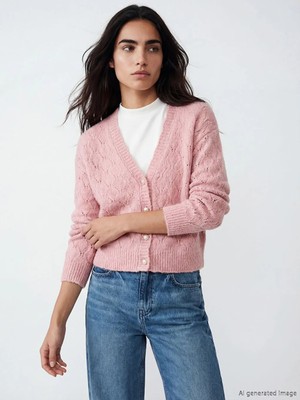 LC Waikiki Lcw Vision Pembe V Yaka Ajurlu Kadın Triko Hırka