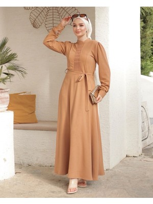 Moda Morfo Çıma Detaylı Kemerli Ayrobin Elbise  -Tarçın