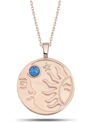 PremiumPort Gümüş Rose Opal Mavi Taşlı Ay Güneş Kadın Kolye, Zarif Takı Tasarımı