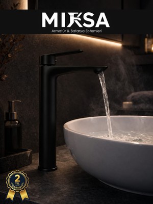 Mixsa Lüx Ithal Premium Siyah Sabit Gövdeli Çanak Lavabo Bataryası