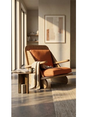 Praktura Stylısh Berjer Tekli Ahşap Ceviz Koltuk, Turuncu Keten Süngerli Tek Koltuk