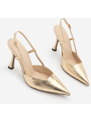 Marjin Kadın Stiletto Sivri Burun Ince Ökçe Atkılı Abiye Klasik Topuklu Ayakkabı Reney Altın Metalik