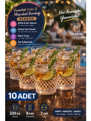 Open Home Concept 10’lu Yuvarlak Desenli Plastik Viski Bardağı I Sert Şeffaf Kokteyl Meşrubat Bardak Parti 220 cc